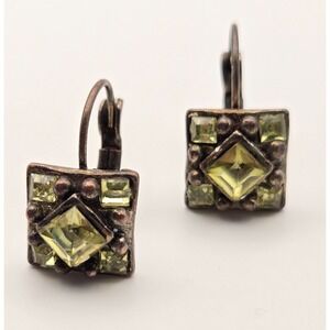 VTG Art Deco Style Faux Peridot Green Rhinestone Square Leverback Earrings Y2K